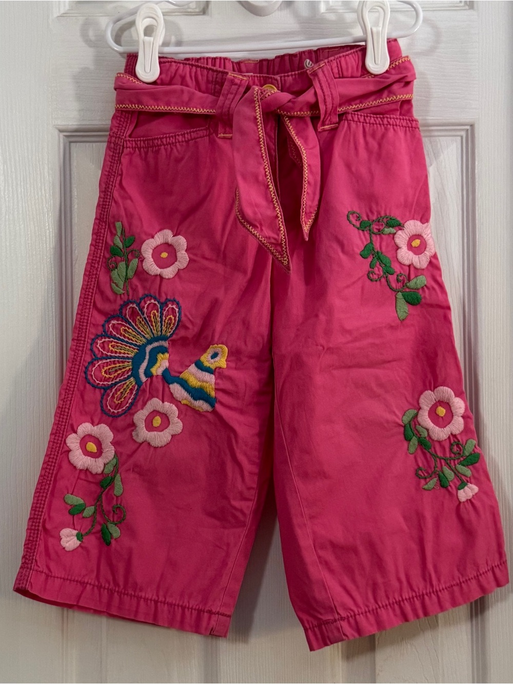 Mini Boden Baby Girl Embroidered Pink Capri Wide Leg Pants Elastic Waist